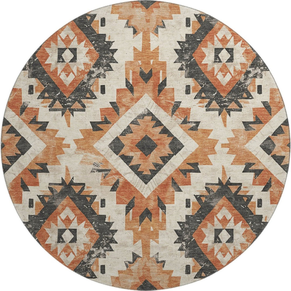 HomeRoots 8' Southwestern Round Rug in Terra Cotta & Charcoal – Washable, UV-Protected, Durable & Stylish! 706622