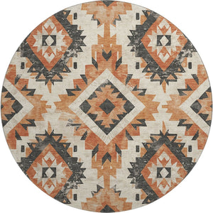 HomeRoots 8' Southwestern Round Rug in Terra Cotta & Charcoal – Washable, UV-Protected, Durable & Stylish! 706622