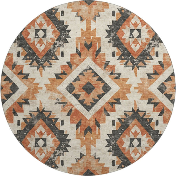 HomeRoots 8' Southwestern Round Rug in Terra Cotta & Charcoal – Washable, UV-Protected, Durable & Stylish! 706622