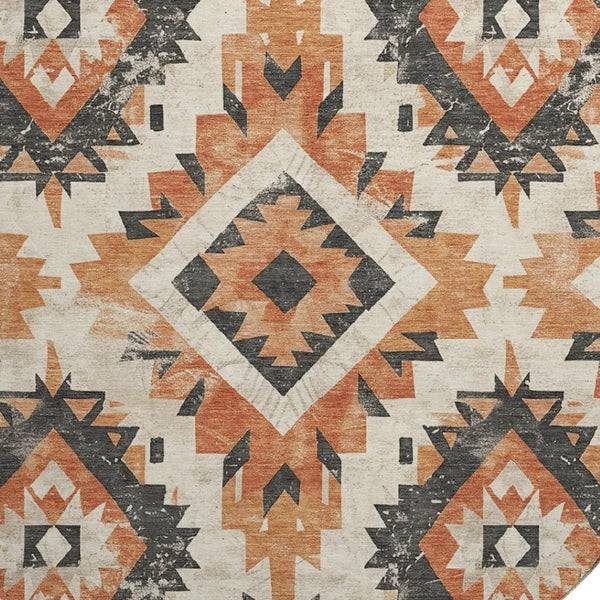 HomeRoots 8' Southwestern Round Rug in Terra Cotta & Charcoal – Washable, UV-Protected, Durable & Stylish! 706622