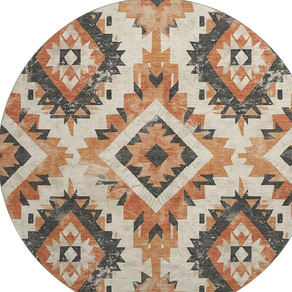 HomeRoots 8' Southwestern Round Rug in Terra Cotta & Charcoal – Washable, UV-Protected, Durable & Stylish! 706622