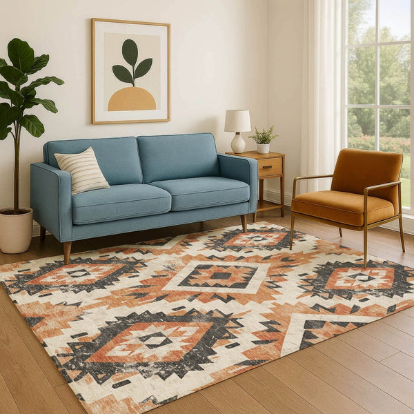 HomeRoots 8' X 10' Southwestern Terra Cotta Charcoal Area Rug - Washable, UV-Protected, Durable & Stylish Decor 706623