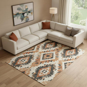 HomeRoots 9' X 12' Southwestern Washable Area Rug in Terra Cotta & Charcoal – UV Protected & Stain-Resistant! 706624