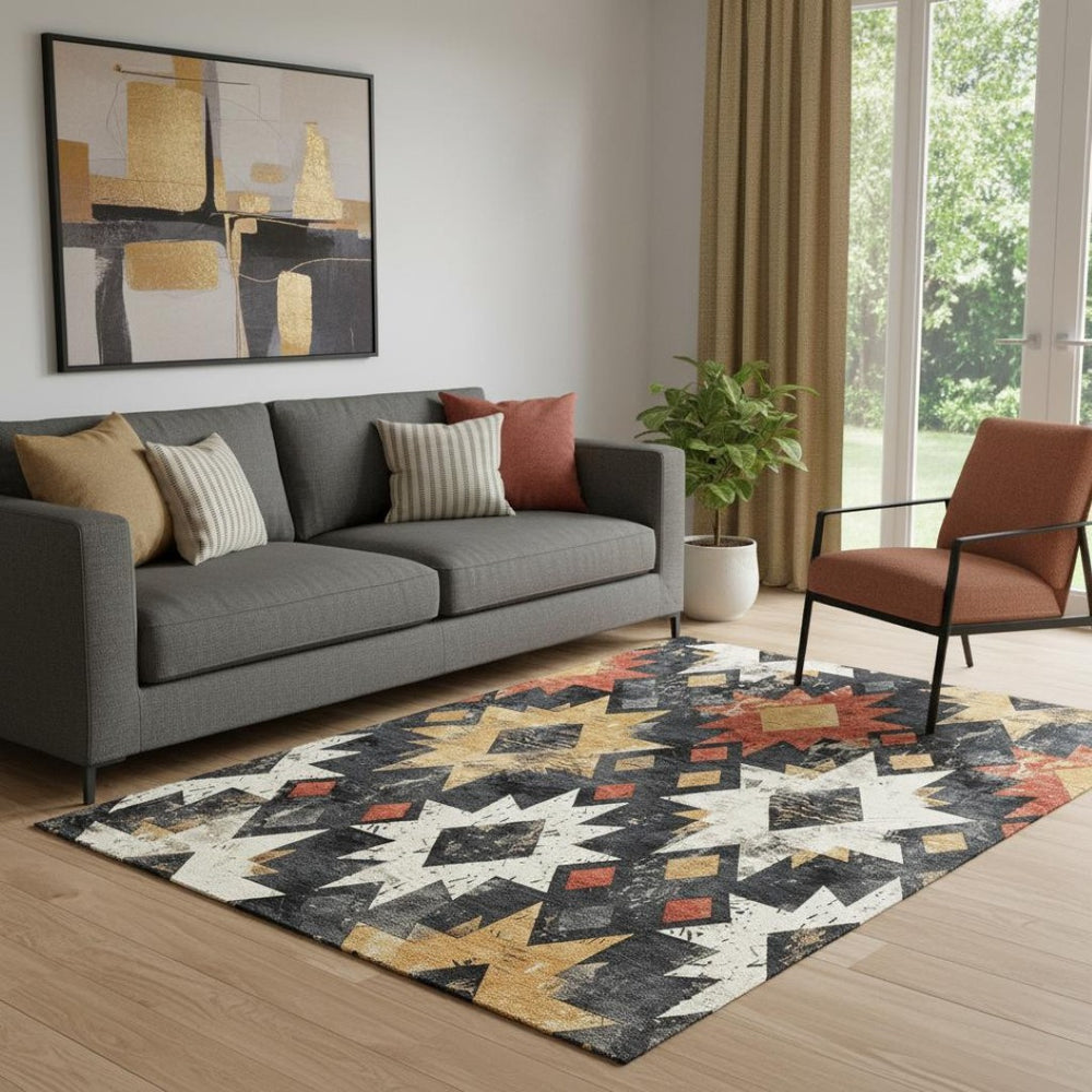 HomeRoots 5' X 8' Southwestern Area Rug in Black, Gold & Rust – Washable, UV-Protected, Pet-Friendly Design! 706627