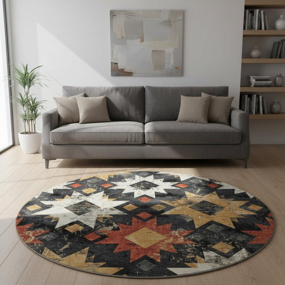 HomeRoots 8' Southwestern Washable Round Rug in Black, Gold & Rust - UV Protected, Non-Slip & Easy Care! 706628