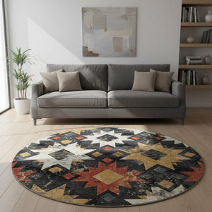 HomeRoots 8' Southwestern Washable Round Rug in Black, Gold & Rust - UV Protected, Non-Slip & Easy Care! 706628
