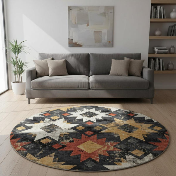 HomeRoots 8' Southwestern Washable Round Rug in Black, Gold & Rust - UV Protected, Non-Slip & Easy Care! 706628