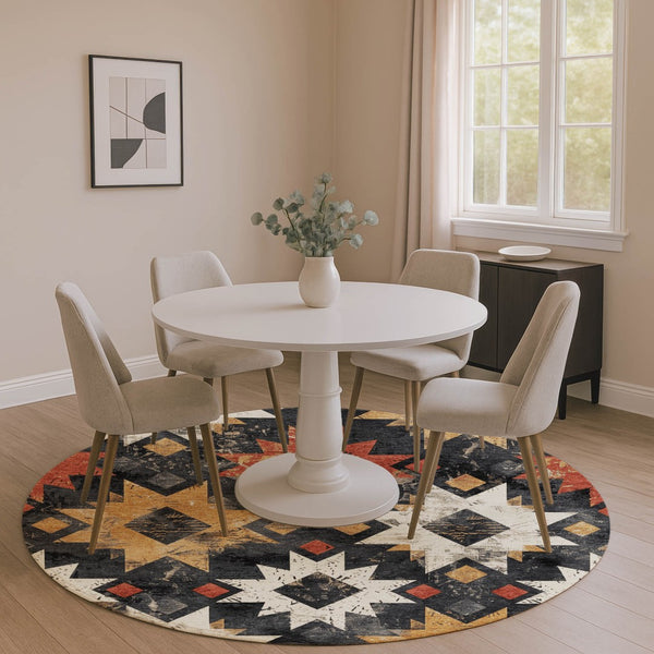 HomeRoots 8' Southwestern Washable Round Rug in Black, Gold & Rust - UV Protected, Non-Slip & Easy Care! 706628