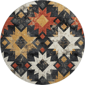 HomeRoots 8' Southwestern Washable Round Rug in Black, Gold & Rust - UV Protected, Non-Slip & Easy Care! 706628