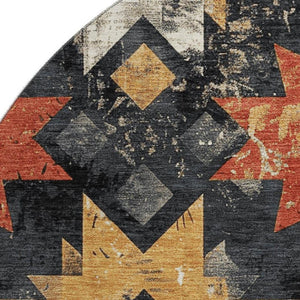 HomeRoots 8' Southwestern Washable Round Rug in Black, Gold & Rust - UV Protected, Non-Slip & Easy Care! 706628