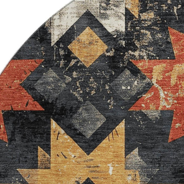 HomeRoots 8' Southwestern Washable Round Rug in Black, Gold & Rust - UV Protected, Non-Slip & Easy Care! 706628