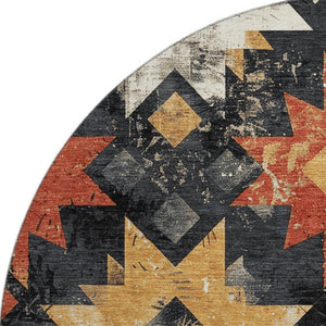 HomeRoots 8' Southwestern Washable Round Rug in Black, Gold & Rust - UV Protected, Non-Slip & Easy Care! 706628