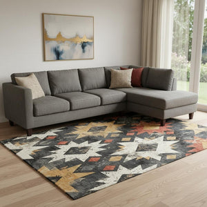 HomeRoots 8' X 10' Southwestern Area Rug – Bold Black, Gold & Rust Design, Washable & UV-Protected for Durability 706629