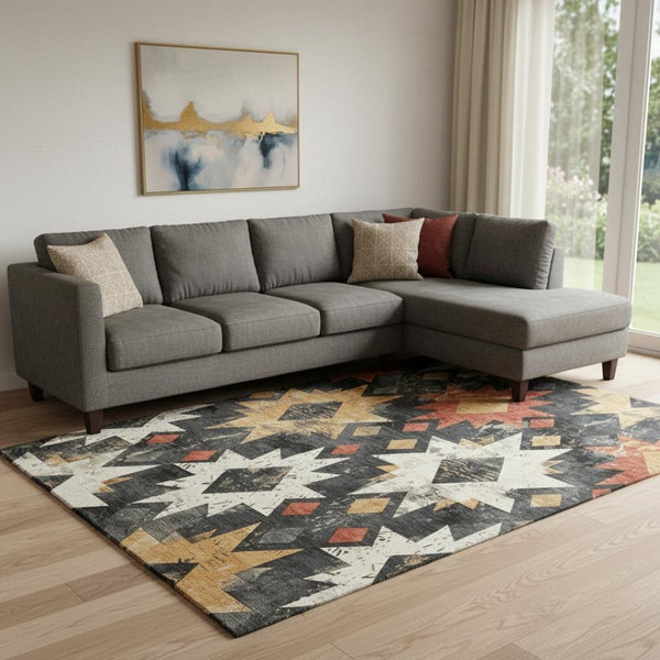 HomeRoots 8' X 10' Southwestern Area Rug – Bold Black, Gold & Rust Design, Washable & UV-Protected for Durability 706629