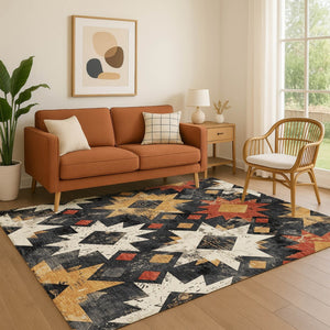 HomeRoots 8' X 10' Southwestern Area Rug – Bold Black, Gold & Rust Design, Washable & UV-Protected for Durability 706629