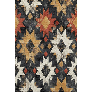 HomeRoots 8' X 10' Southwestern Area Rug – Bold Black, Gold & Rust Design, Washable & UV-Protected for Durability 706629