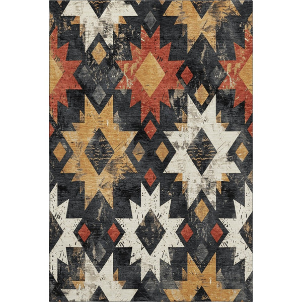 HomeRoots 8' X 10' Southwestern Area Rug – Bold Black, Gold & Rust Design, Washable & UV-Protected for Durability 706629