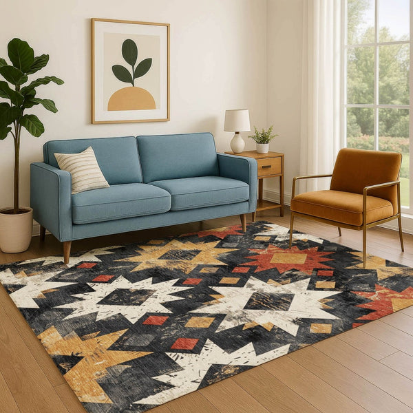 HomeRoots 8' X 10' Southwestern Area Rug – Bold Black, Gold & Rust Design, Washable & UV-Protected for Durability 706629