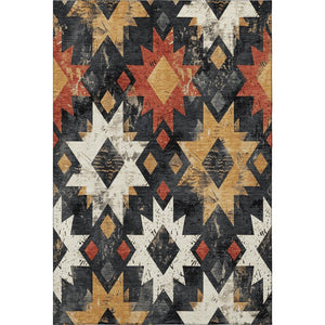 HomeRoots 8' X 10' Southwestern Area Rug – Bold Black, Gold & Rust Design, Washable & UV-Protected for Durability 706629