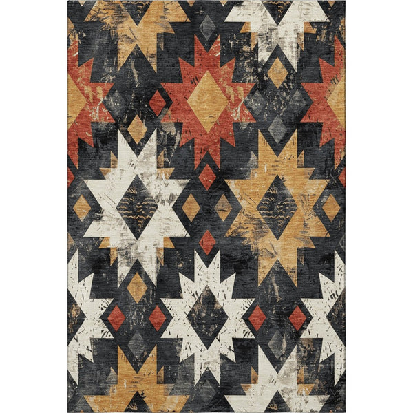 HomeRoots 8' X 10' Southwestern Area Rug – Bold Black, Gold & Rust Design, Washable & UV-Protected for Durability 706629