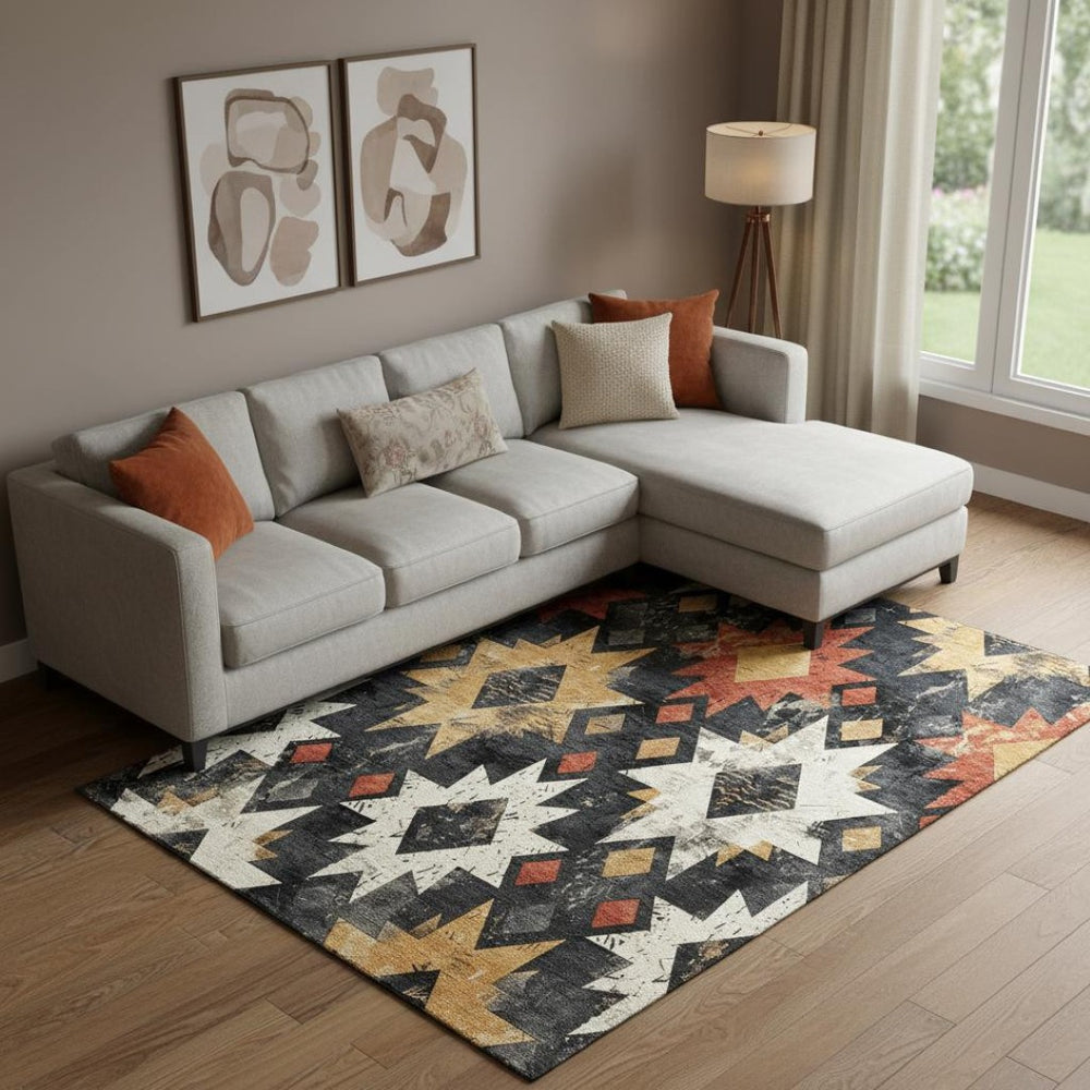 HomeRoots 9' X 12' Southwestern Washable Area Rug – Durable Black, Gold & Rust Design with UV Protection 706630