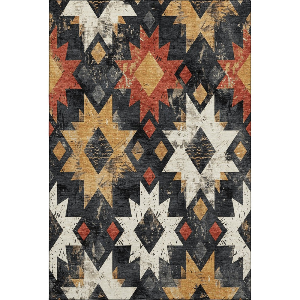 HomeRoots 9' X 12' Southwestern Washable Area Rug – Durable Black, Gold & Rust Design with UV Protection 706630