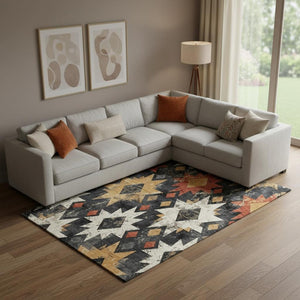 HomeRoots 10' Southwestern Washable Area Rug - Black, Gold & Rust Design with UV Protection for Durability 706631