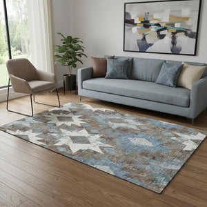 HomeRoots 5' X 8' Southwestern Area Rug in Brown, Blue, and Ivory - Washable, UV Protected, Durable & Stylish 706633