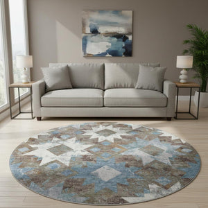 HomeRoots 8' Brown Blue and Ivory Southwestern Washable Round Rug with UV Protection for High-Traffic Areas 706634