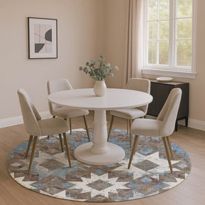 HomeRoots 8' Brown Blue and Ivory Southwestern Washable Round Rug with UV Protection for High-Traffic Areas 706634