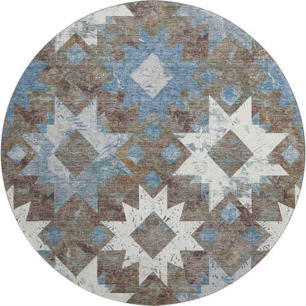 HomeRoots 8' Brown Blue and Ivory Southwestern Washable Round Rug with UV Protection for High-Traffic Areas 706634
