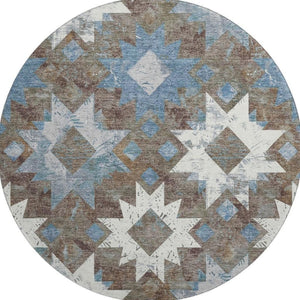 HomeRoots 8' Brown Blue and Ivory Southwestern Washable Round Rug with UV Protection for High-Traffic Areas 706634