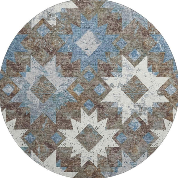 HomeRoots 8' Brown Blue and Ivory Southwestern Washable Round Rug with UV Protection for High-Traffic Areas 706634