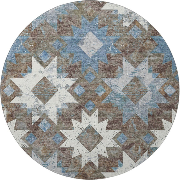 HomeRoots 8' Brown Blue and Ivory Southwestern Washable Round Rug with UV Protection for High-Traffic Areas 706634