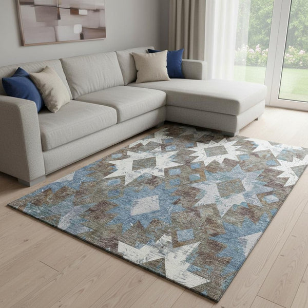 HomeRoots 8' Southwestern Area Rug in Brown, Blue & Ivory - Washable, UV Protected & Stain Resistant Design 706635