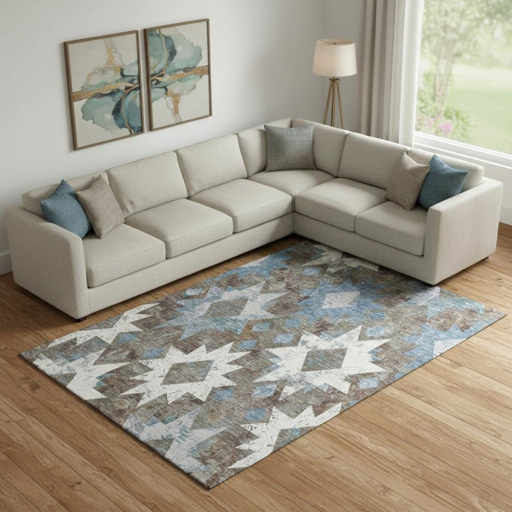 HomeRoots 9' Southwestern Washable Area Rug in Brown, Blue & Ivory - UV Protected, Durable & Stylish! 706636