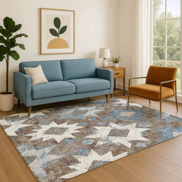 HomeRoots 9' Southwestern Washable Area Rug in Brown, Blue & Ivory - UV Protected, Durable & Stylish! 706636