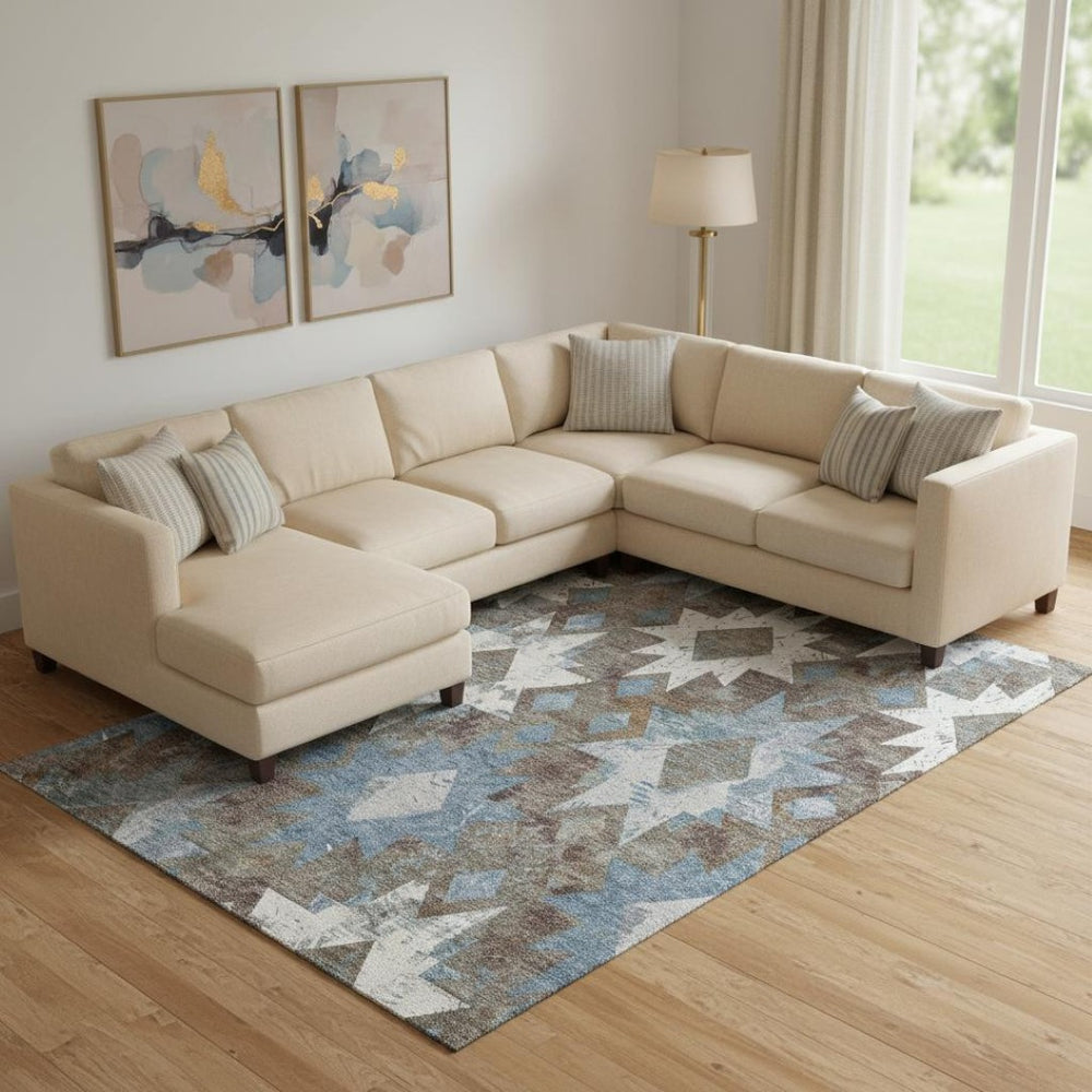 HomeRoots 10' Southwestern Area Rug in Brown, Blue & Ivory - Washable, Durable, UV-Protected for Homes & Patios 706637