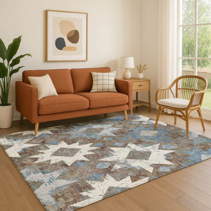 HomeRoots 10' Southwestern Area Rug in Brown, Blue & Ivory - Washable, Durable, UV-Protected for Homes & Patios 706637