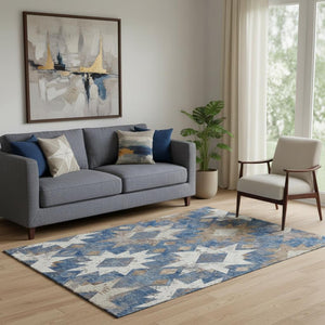 HomeRoots 5' Southwestern Area Rug in Blue, Brown & Ivory - Washable, UV-Protected, Durable for Homes 706639