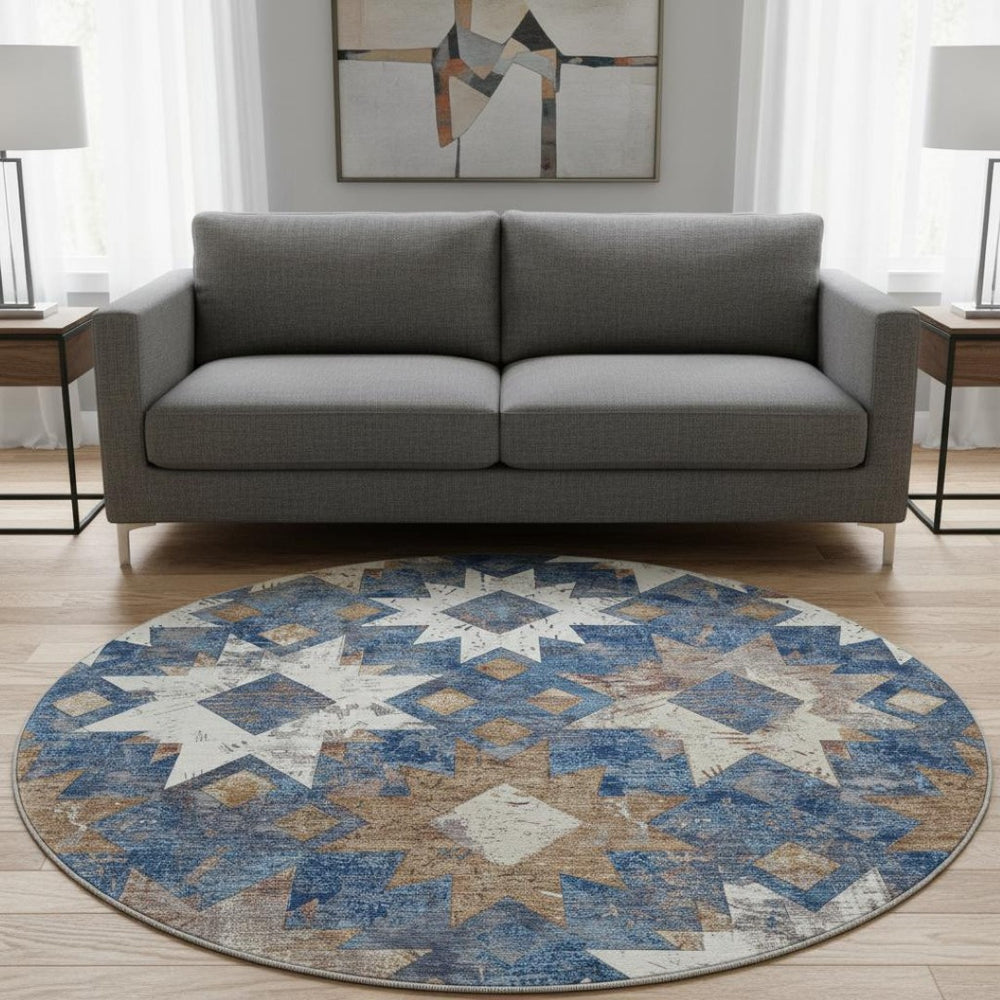 HomeRoots 8' Southwestern Washable Round Rug in Blue, Brown & Ivory - Durable, UV-Protected for Family Spaces 706640
