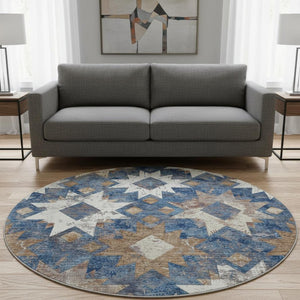 HomeRoots 8' Southwestern Washable Round Rug in Blue, Brown & Ivory - Durable, UV-Protected for Family Spaces 706640