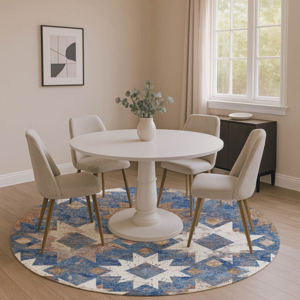 HomeRoots 8' Southwestern Washable Round Rug in Blue, Brown & Ivory - Durable, UV-Protected for Family Spaces 706640