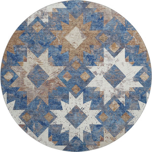 HomeRoots 8' Southwestern Washable Round Rug in Blue, Brown & Ivory - Durable, UV-Protected for Family Spaces 706640