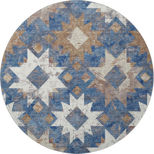 HomeRoots 8' Southwestern Washable Round Rug in Blue, Brown & Ivory - Durable, UV-Protected for Family Spaces 706640