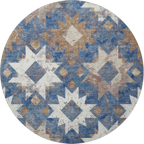 HomeRoots 8' Southwestern Washable Round Rug in Blue, Brown & Ivory - Durable, UV-Protected for Family Spaces 706640