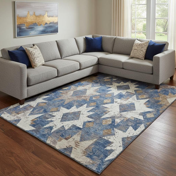 HomeRoots 8' X 10' Southwestern Washable Area Rug in Blue, Brown & Ivory - UV Protected, Stain Resistant Design 706641