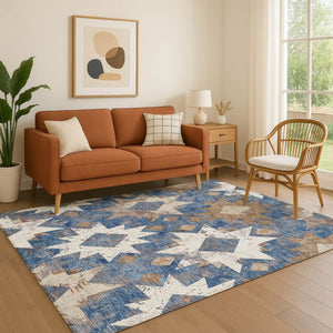 HomeRoots 8' X 10' Southwestern Washable Area Rug in Blue, Brown & Ivory - UV Protected, Stain Resistant Design 706641