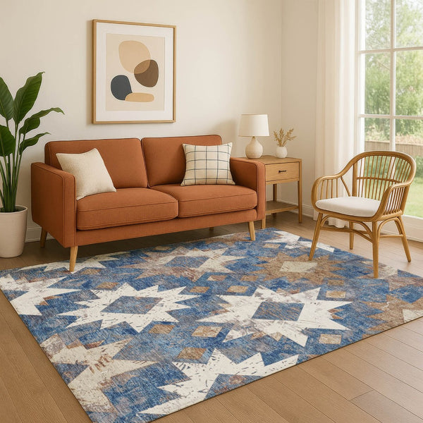HomeRoots 8' X 10' Southwestern Washable Area Rug in Blue, Brown & Ivory - UV Protected, Stain Resistant Design 706641