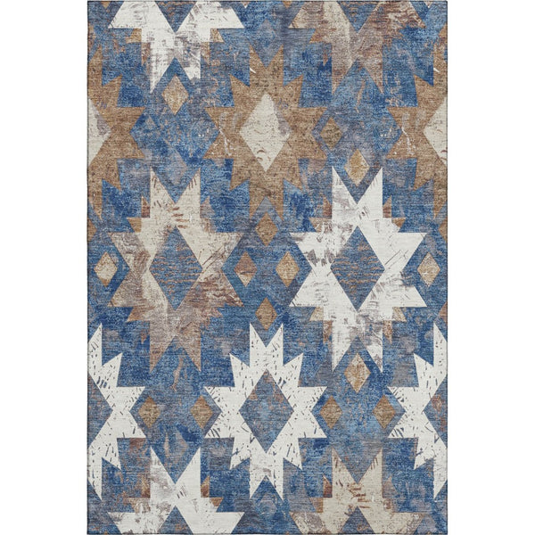 HomeRoots 8' X 10' Southwestern Washable Area Rug in Blue, Brown & Ivory - UV Protected, Stain Resistant Design 706641